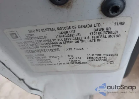 1999 Chevrolet Silverado 1500 Ls z USA, uszkodzony, nr VIN 2GCEK19T5X1142300